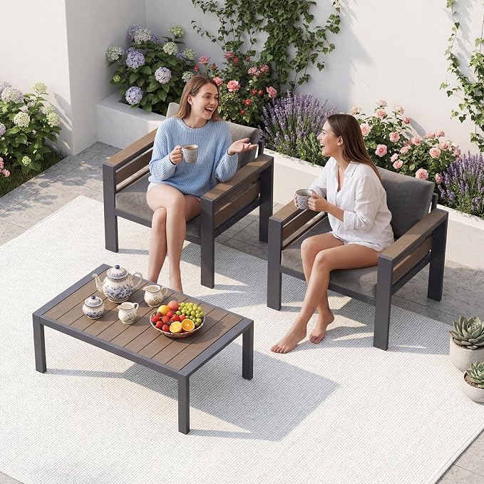 SUNYRISY Aluminum Outdoor Patio Furniture Set with Coffee Table, 3 Piece Metal Outdoor Modern Conversation Sets with Thick Cushions, Sectional Sofa Couch Set for Porch, Deck, Backyard