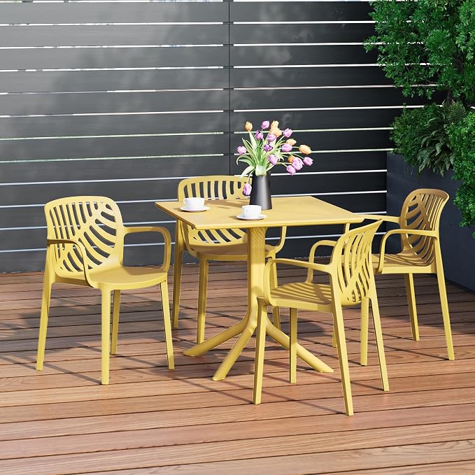 Costaelm Patio Dining Table for 4, Square PP Patio Table, 4-Person Weather Resistant Porch Tables for Outside Poolside Deck Lawn Garden Backyard, Yellow