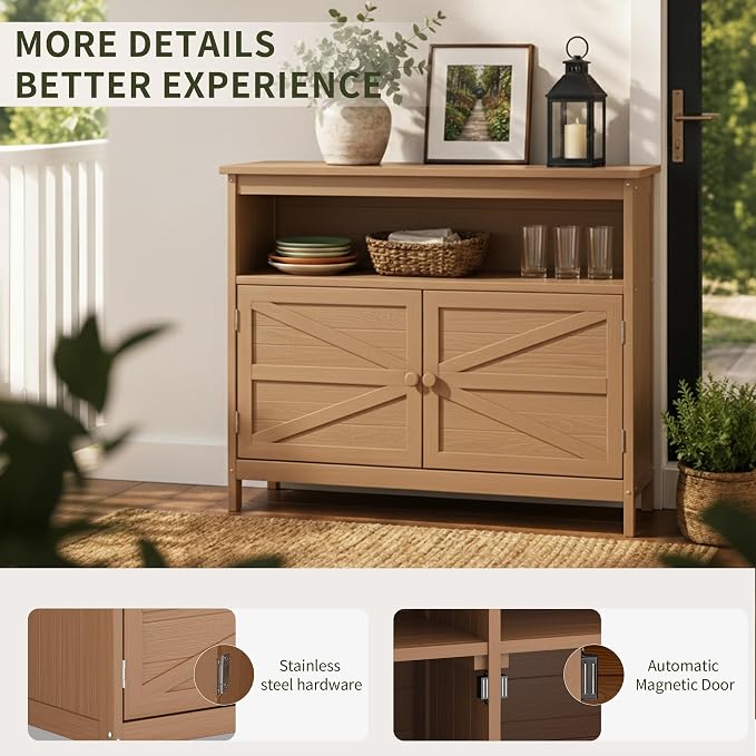 HIPS All-Weather Outdoor Storage Cabinet,Outdoor Sideboard with Magnetic Doors,3-Shelves Patio Storage Cabinet, Used for Garden,Buffet Cabinet,TV Stand, Bar Table,Balcony