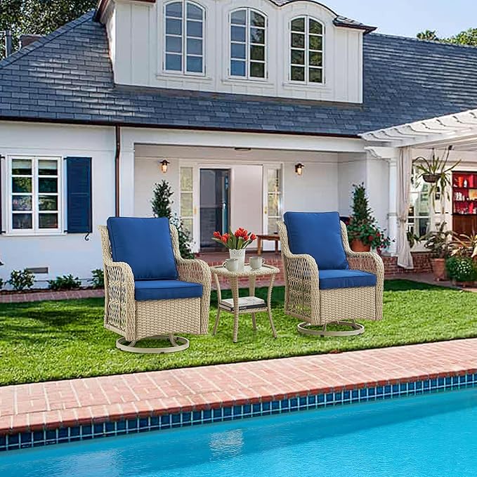 GarveeHome 3 Piece Outdoor Patio Set, Wicker Rocking Bistro Set with 2 Swivel Chairs & Tempered Glass Top Table, Rattan Outdoor Furniture with Cushions for Patio Porch Backyard
