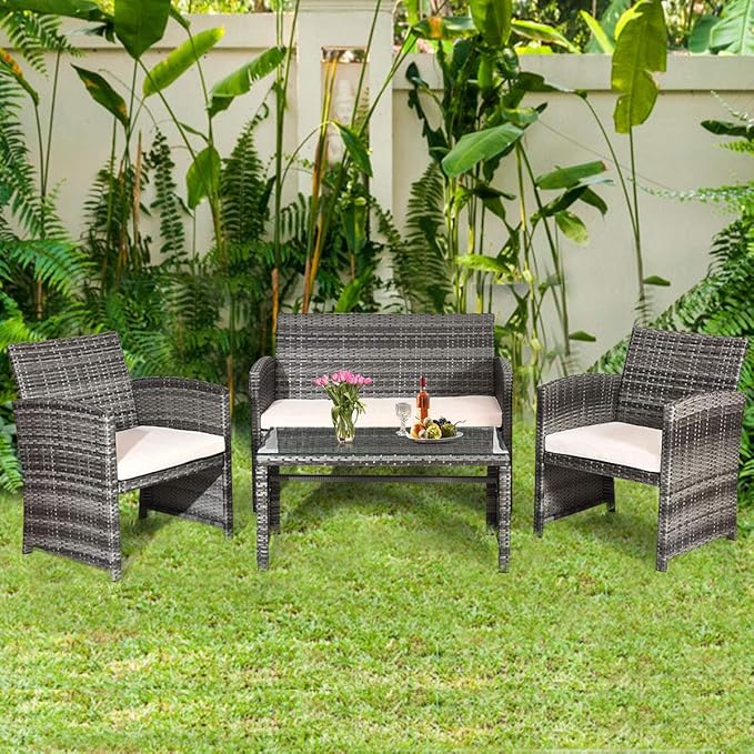 Goplus Rattan Patio Furniture Set 4 Pieces, Outdoor Wicker Conversation Sofa and Table Set with Soft Cushions & Tempered Glass Coffee Table for Balcony Garden Backyard (Beige(Mixed Color Wicker))