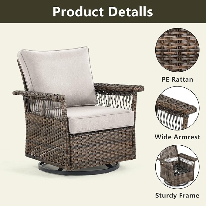 Outdoor Wicker Patio Furniture Set - 5 Piece Rattan Patio Conversation Sets with 2 Rocking Swivel Chairs,2 Ottomans and 1 Sofa for Porch Deck Garden(Brown/Beige)