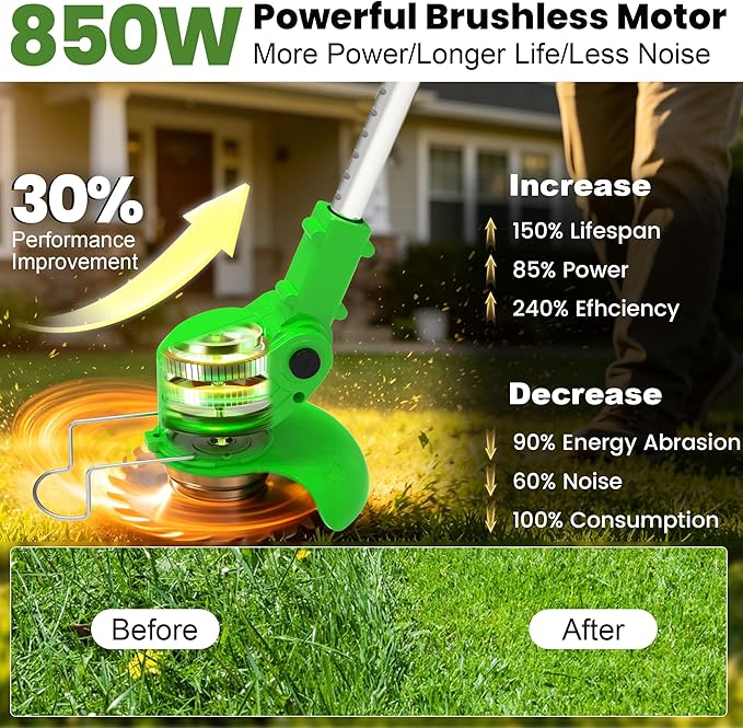Cordless Weed Wacker Electric Eater Battery Powered 21V x 2 Battery Operated Stringless Weed Trimmer 3-in-1 Grass Trimmer/Lawn Edger/Brush Cutter with 4 Types Blades & Wheels for Garden Yard