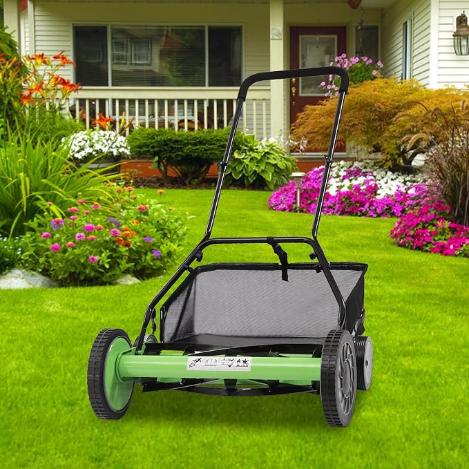 Reel Mower Outdoor Manual Tools, Cylinder Lawnmower with Self-propelled Source, Push Reel Lawn Mower with Grass Catcher, 65Manganese Steel Manual Lawn Mower with 5 Blades Green, Black
