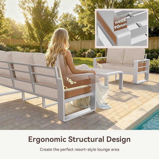 Aoxun Aluminum Outdoor Patio Furniture Set, 3 Seats Metal Sectional Patio Furniture, Modern Outside Sectional Set for Backyard, 3-Seat Sofa ×1, Silver & Beige