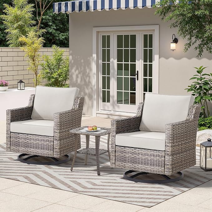 Outdoor Side Table with Storage Wicker Patio Side Table, Tempered Glass Top End Table for Balcony Porch Deck(Gray)