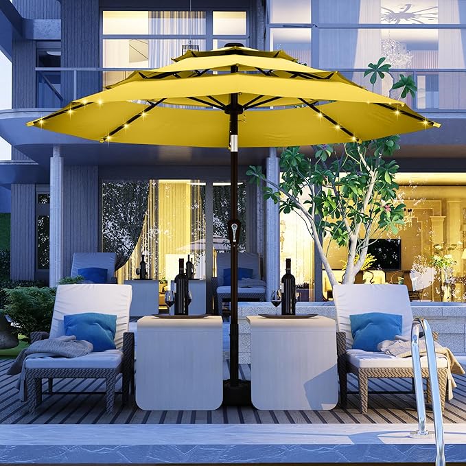 Kingdura 9ft 3-Tier Patio Umbrella with Solar Lights, Table Umbrella Outdoor Patio with Easy Crank & Tilt, 8 Sturdy Ribs, UV Protection, 32 LED Lights for Deck, Poolside, Market (Yellow)