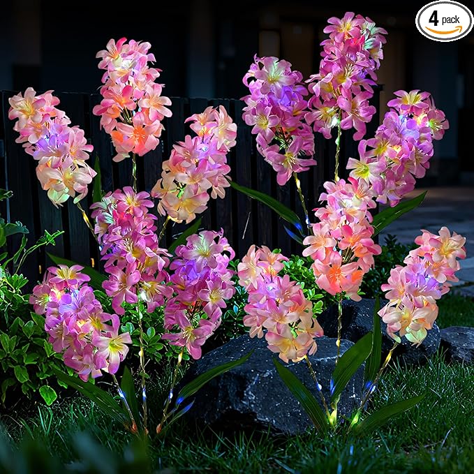 TANSOREN 4 Pack Solar Garden Lights Outdoor, Colorful LED Waterproof Solar Powered Hyacinth Flowers Landscape Lights for Outside Yard, Patio, Pathway Decorative, Décor, Gifts, Two Lighting Modes
