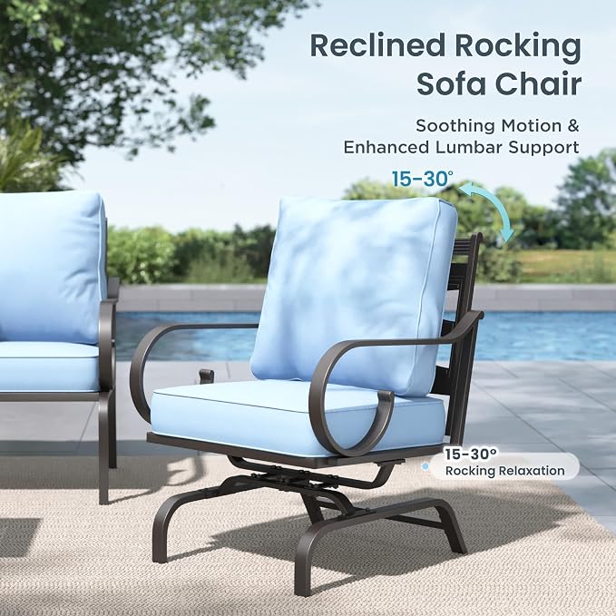 PHI VILLA Patio Furniture Set, 3-Seater Sofa, 2 Rocking Chairs and a 45" Fire Pit Table, Outdoor Metal Conversation Set with 5.75" Extra Thick Cushion for Garden Backyard Deck, Blue