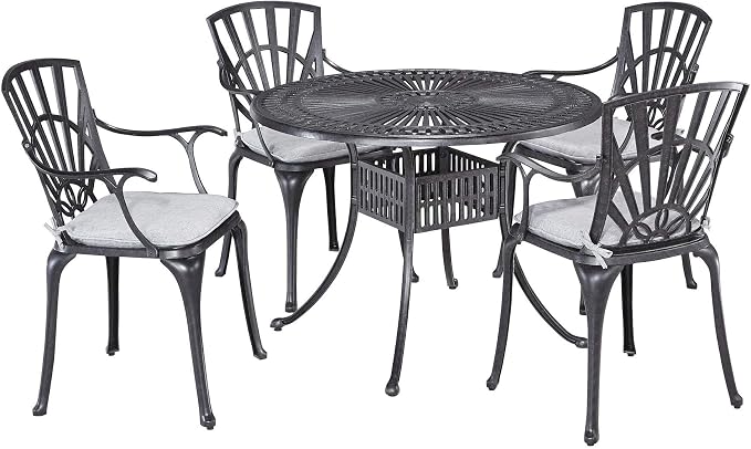 Homestyles 5 Piece cast Aluminum Frame Outdoor Patio Dining Set for 4, 42" Round Dining Table with Umbrella Hole and 4 Outdoor Dining Chairs, Patio Table and Chair Furniture Dining Set for 4 Person