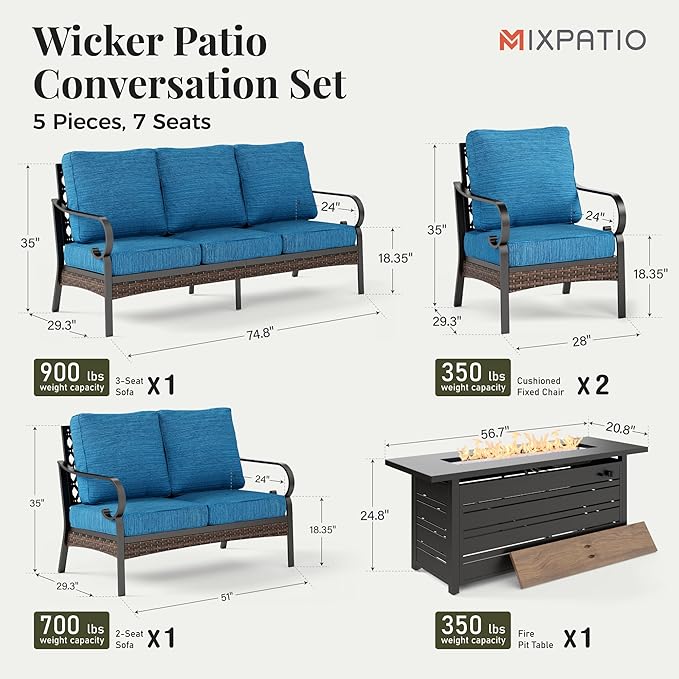 Patio Furniture Set with Fire Pit Table, Metal Outdoor Conversation Set with 2 x Fixed Chairs, 1 x Loveseat, 1 x 3-Seat Sofa and Gas Fire Pit Table for Lawn Garden Backyard, Pacific Blue