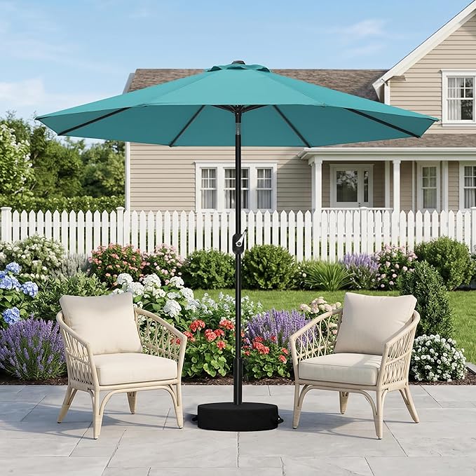 PURPLE LEAF 9' Round Patio Umbrella Outdoor Table Umbrella Aluminum Frame Market Umbrella with 8 Sturdy Ribs & Tilt for Garden Deck Lawn Pool Turquoise Blue