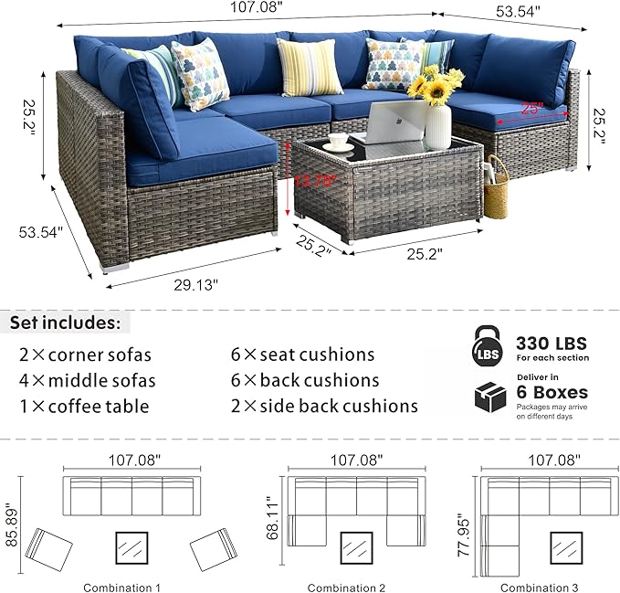 HOOOWOOO Patio Outdoor Sectional Furniture Sofa Set,7 Piece U Shaped Corner Wicker Rattan Couch Set,Rustic 6 Persons Summer Patio Conversation Set for Outside Porch Deck Garden(Navy Blue)