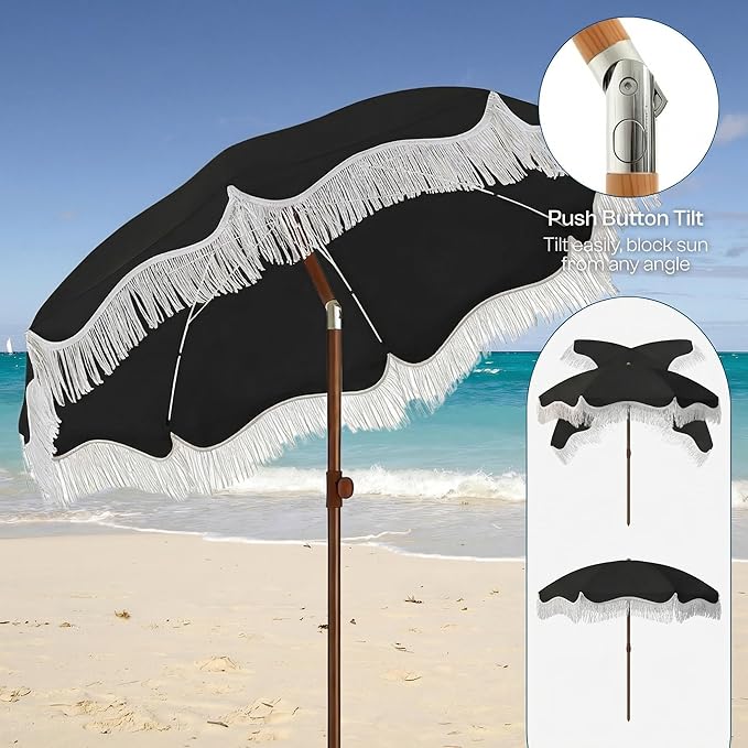 7FT Patio Umbrella with Fringe, Outdoor Tassel Umbrella with Fiberglass Ribs, Boho Beach Umbrella, Push Button Tilt and Carrying Bag, UPF50+