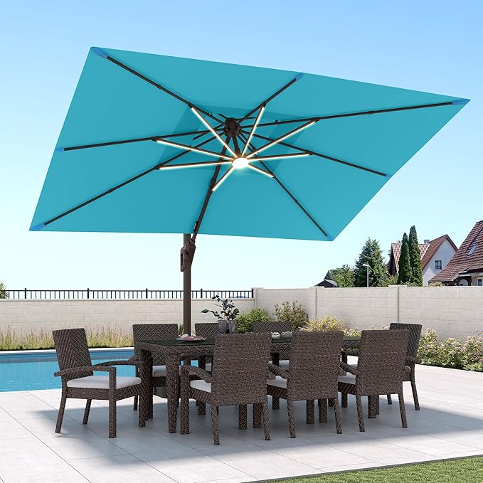 9 X 12 FT Cantilever Patio Umbrella with Led Lights Outdoor Heavy Duty Double Top Rectangle Offset Umbrellas with 360-degree Rotation for Pool Deck Backyard, Turquoise