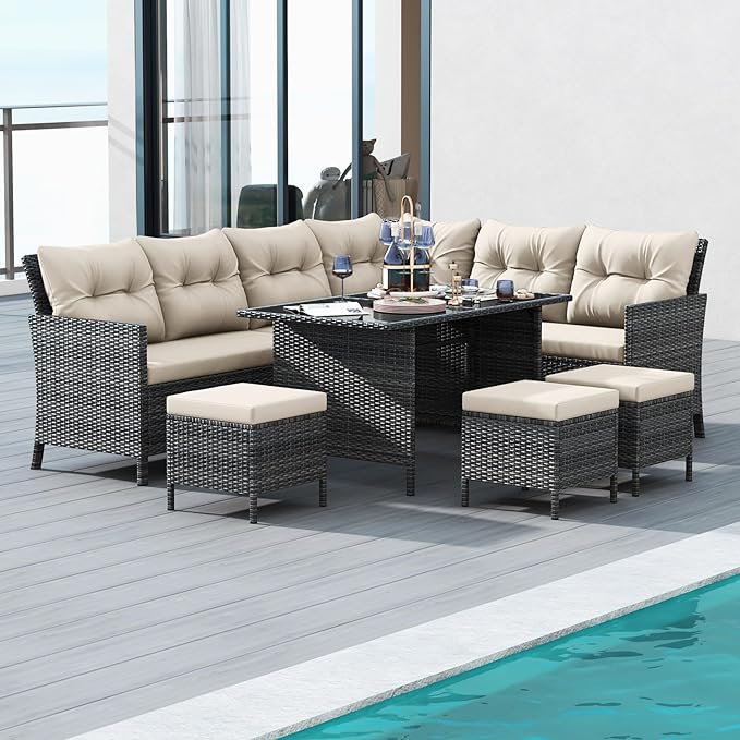 Tangkula 7 Pieces Patio Dining Furniture Set, Outdoor PE Rattan Sectional Sofa Set with Soft Cushions, Ottomans and Tempered Glass Table, Wicker Conversation Set (Mix Gray + Off White)