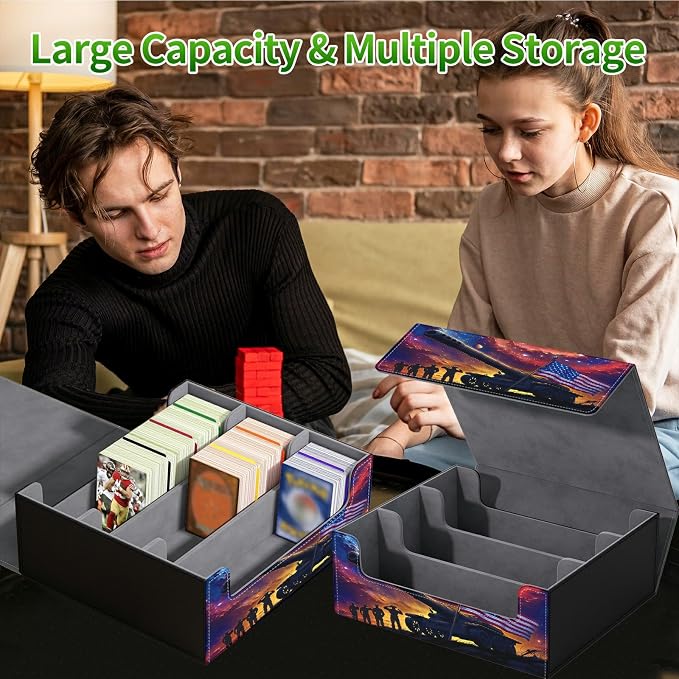 Large Card Deck Box for MTG, Fits 1200+ Sleeved Cards, PU Leather Storage Case with Strong Magnetic Closure, Multiple Colors Available for TCG CCG Baseball Card Collections, Starry Sky Flag