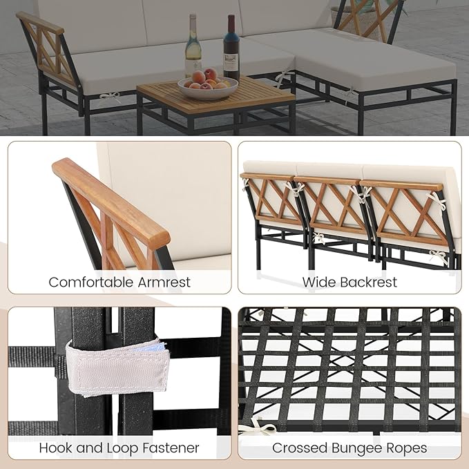 Tangkula 3 Pieces L-Shaped Outdoor Furniture Set, Acacia Wood Patio Sectional Cushioned Conversation Sofa with Square Coffee Table, for Porch, Backyard & Poolside (Beige)