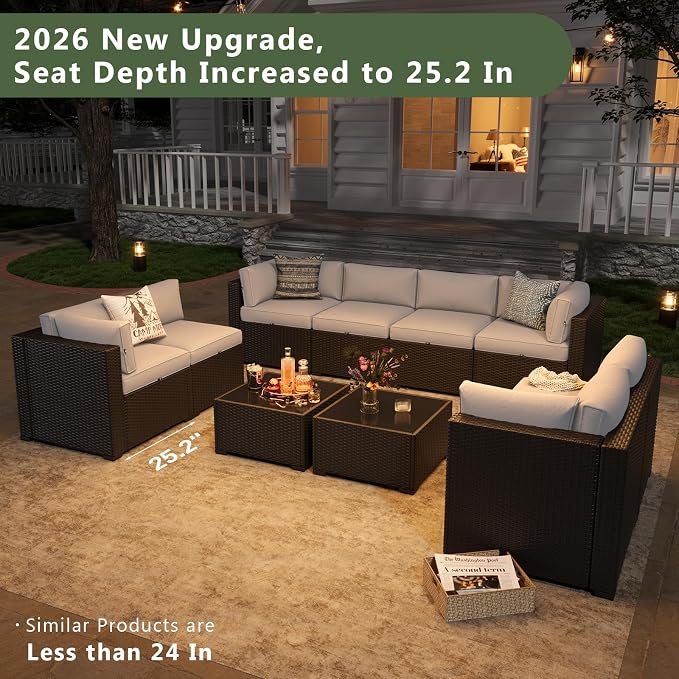 Aoxun 10 Piece Patio Furniture Set Wicker Rattan Patio Sectional Sofa Set Outdoor Seating Furniture with Thickened Cushion, Light Gray
