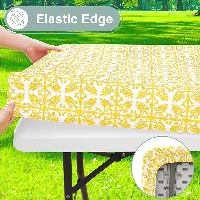 misaya Picnic Table Cover with Bench Cover, Waterproof Elastic Fitted Tablecloth for 8 Foot Tables, Rectangle Washable Polyester Tablecloths for Picnic, Camping, Outdoor (Yellow, 30" x 96")