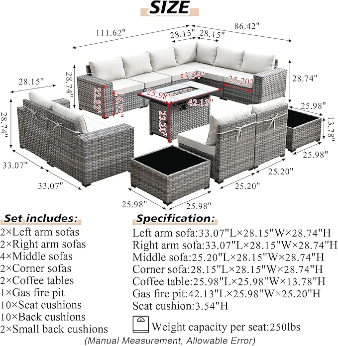 HOOOWOOO Outdoor Patio Sectional Furniture Sofa Set with Propane Fire Pit Table,13 Piece Large Modern Wicker Couch with Widened Armrest,Modular L Shaped Conversation Seating Set(Beige Tan)