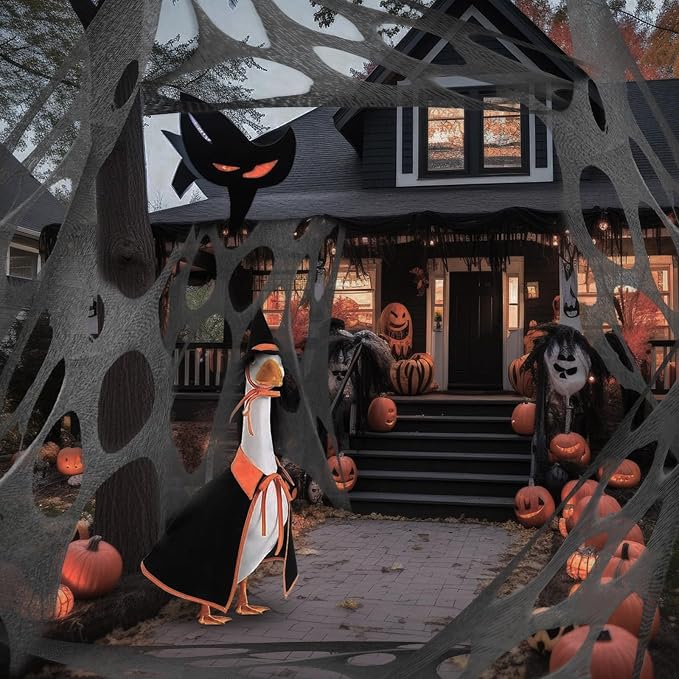 1000 Sqft （After Streched with Holes） Grey Uncut Giant Spider Web Halloween Decorations Outdoor with 10 Ground Nails Stretchy Beef Cloth Netting DIY Flexible Elastic for Yard Party Decor