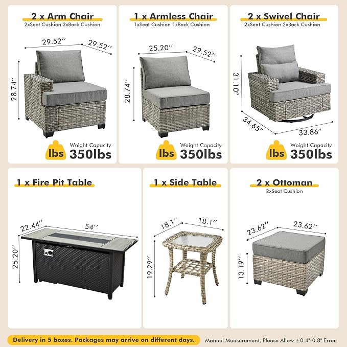 9 Pcs Outdoor Sectional Patio Furniture Set with Fire Pit Table and Swivel Rocking Chairs - All Weather Wicker Modular Outside Sectional Couch,Patio Seating Outdoor Conversation Sets,Dark Grey