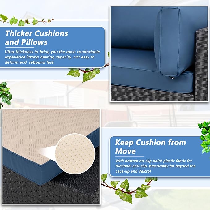 7 Piece Outdoor Patio Furniture Set,Black PE Rattan Wicker Sectional Sofa, All Weather Conversation Set with Washable Cushions & Glass Coffee Table for Backyard Poolside Garden Porch,Navy Blue