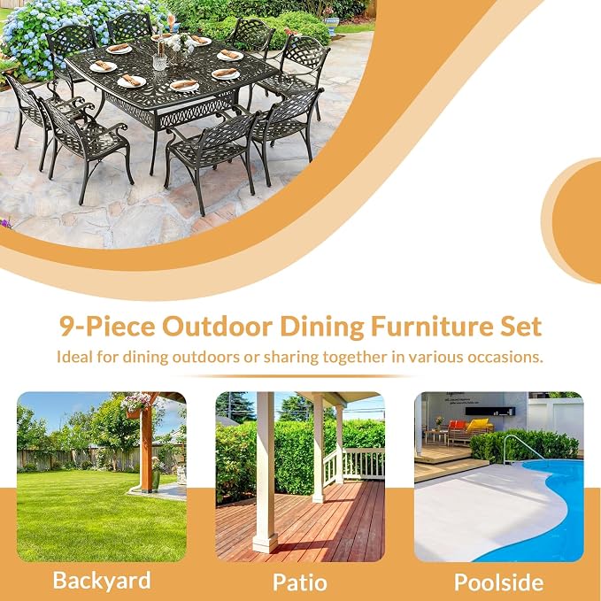 9 Piece Outdoor Patio Dining Set for 8, Cast Aluminium Large Square Dining Table & 8 Dining Chairs, Umbrella Hole, Patio Furniture Set for Garden Porch Poolside, Dark Bronze