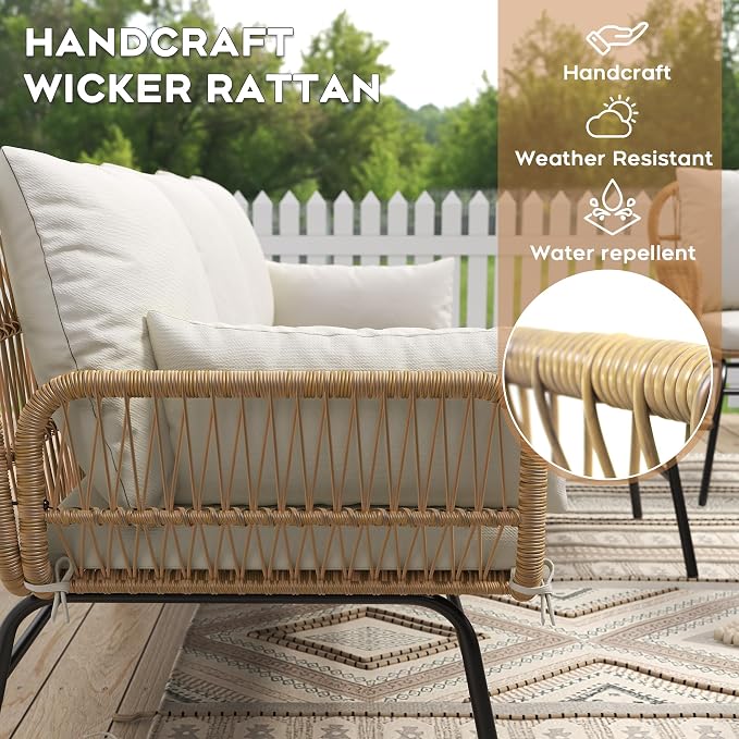 6-Piece Boho Outdoor Patio Furniture Set, L-Shaped Wicker Sectional Sofa with Ice Bucket Table & High Back, Sturdy 500lbs Frame for Garden Balcony Deck or Backyard, Beige
