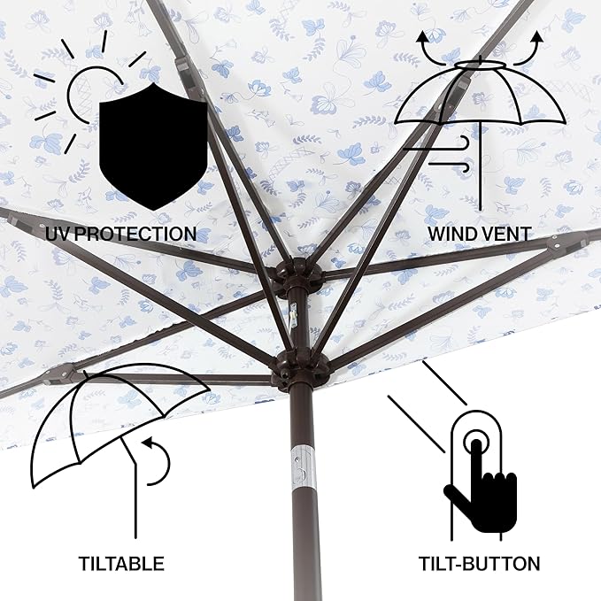 JONATHAN Y Beverly 9 ft. Coastal Blue and White Chinoiserie Half Patio Umbrella with Scalloped Fringe, Crank Lift, and Manual Tilt for Balcony, Dark Brown Pole UMB1201G