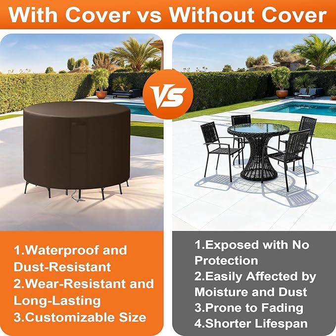 28"(D) x 52"(H) Round Outdoor Furniture Cover, Custom Heavy Duty 420D Waterproof Patio Furniture Cover with Drawstring & Buckles for Table Chair Garden, Coffee