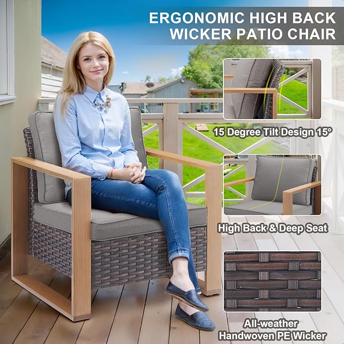 Belord 6 Piece Outdoor Patio Furniture Set with Propane Fire Pit Table, Wicker Patio Conversation Set with2 Patio Wicker Chairs Rattan Sofa and Removable 4" Thick Cushions for Deck Backyard
