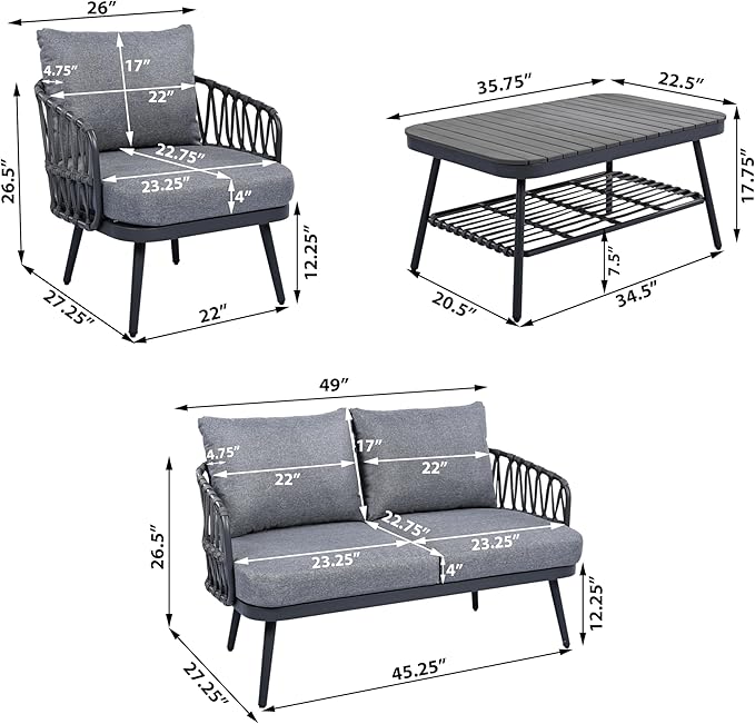 Montary 4-Piece U-Shaped Outdoor Patio Conversation Set - Metal Chairs with Woven Rope Design, Includes Acacia Coffee Table & Thick Cushions for Garden,Poolside, Balcony, Backyard (Gray)