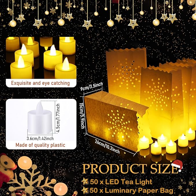 Sabary 50 Sets Luminary Bags with Flameless Tea Lights Outdoor Luminaries LED Lantern Candle Bags for Wedding Birthday Ramadan Christmas Party Decorations Romantic Decor(Sun)