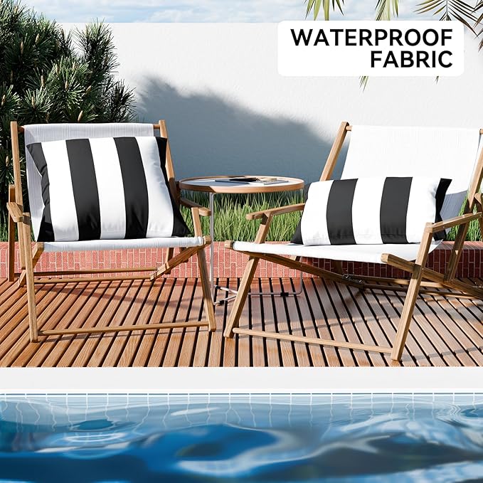 Pack of 2 Outdoor Waterproof Striped Pillow Covers Decorative Throw Covers | 20x20, Black and White, Garden Cushion Covers, Farmhouse Pillowcases for Couch Sofa Patio Tent Balcony