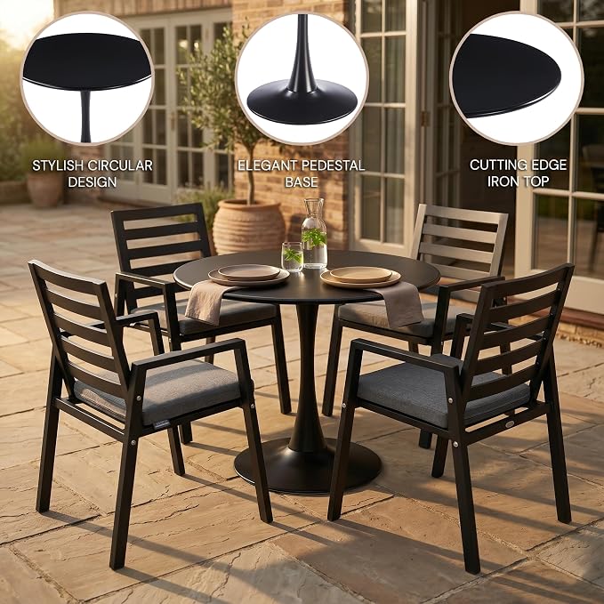 LeisureMod Bello 35" Round Outdoor Dining Table, Modern Black Metal Patio Bistro Table with Pedestal Base, Weather-Resistant Accent Table for Balcony, Garden, Deck, Backyard & Cafe, Black