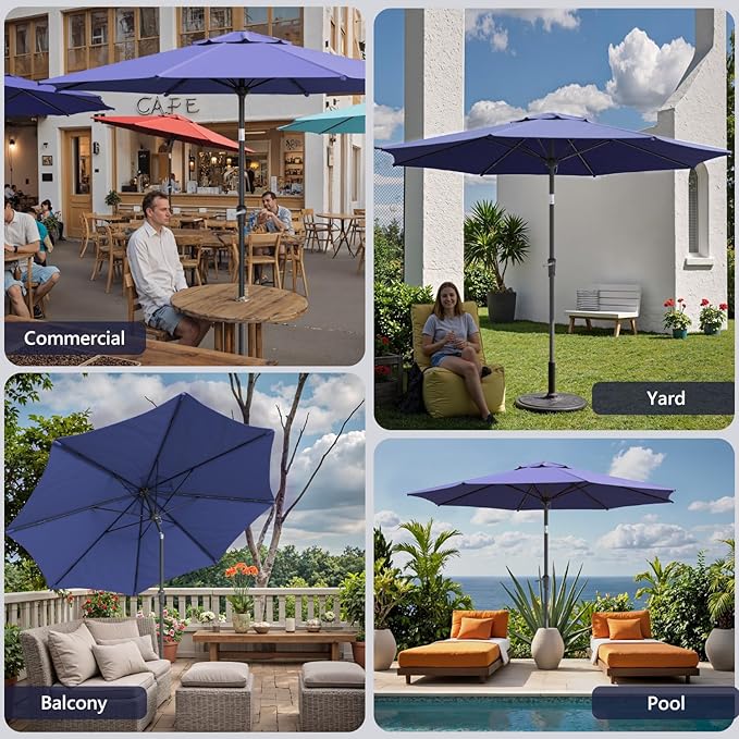 Outdoor Patio Umbrella with One Push Button Tilt and Crank, 8 Sturdy Ribs Market Table Umbrella