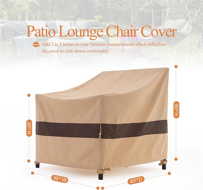 WJ-X3 Patio Chair Cover, Outdoor Lounge Cover, Heavy Duty, Waterproof Lawn Chair Covers, 36W x 40D x 36H, Beige/Coffee, 2-Pack