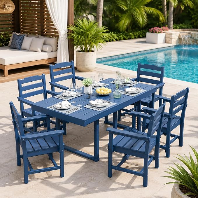 WACASA 7-Piece HDPE Outdoor Dining Set for 6, All-Weather Outside Dining Table and 6 Chairs with Umbrella Hole, Steel-Reinforced Patio Furniture, Blue