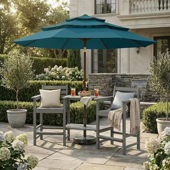 Kingdura 10ft 3-Tier Patio Umbrella, Outdoor Table Umbrella with Easy Crank & Tilt, 8 Reinforced Ribs, UV Protection for Deck, Pool, Market, Backyard (Lake blue)
