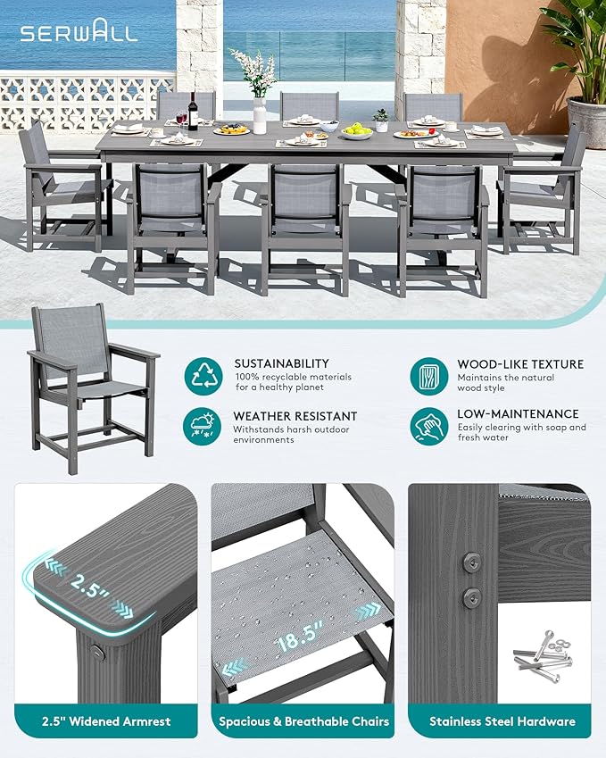 SERWALL Outdoor Dining Chairs Set of 2, All-Weather HDPE Textilene Sling Dining Chair for Backyard, Garden, Gray