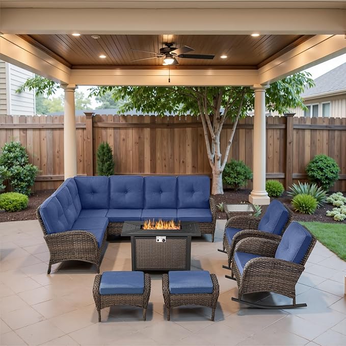 Belord 8 Pieces Patio Conversation Set with 43” Propane Fire Pit Table, Outdoor Sectional Furniture Sofa Set with Removable Blue Cushions for Patio Deck Backyard Brown