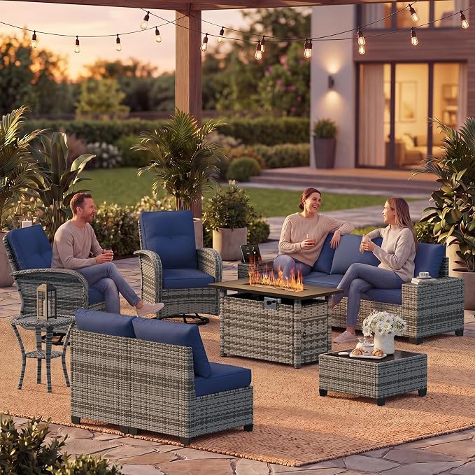LazySunsets 10 PCS Patio Furniture Set with 44'' Fire Pit Table, Outdoor Sectional All-Weather Wicker Conversation Set with Swivel Rocker Chairs, 4'' Thick Cushions for Backyard Poolside, Navy/Grey