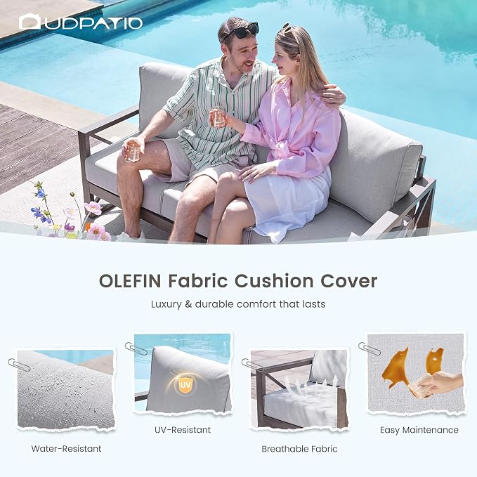 UDPATIO Aluminum Patio Furniture Set, Faux Wood Grain Modern Outdoor Furniture, 6" Cushions Metal Patio Conversation Sofa with Fire Table for Poolside Deck, 6 PCS, Beige(Include 600D Covers)
