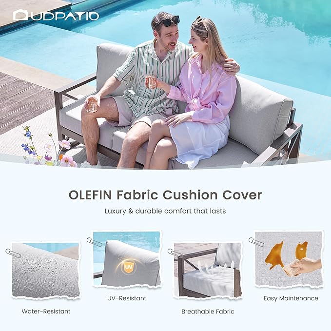 UDPATIO 5 Piece Aluminum Patio Furniture Set Faux Wood Grain Modern Outdoor Furniture Patio Conversation Set with 6" Olefin Fabric Cushions and Coffee Table, 600D Waterproof Cover Included, Light Grey