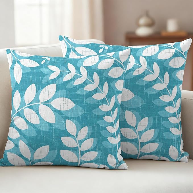 Teal Cyan Leaves Outdoor Waterproof Throw Pillow Covers 24x24 Set of 2, Farmhouse Botanical Branch Vintage Boho Leaf Decorative Pillowcases Cushion Pillowcase for Couch Sofa Patio Pillow Protector