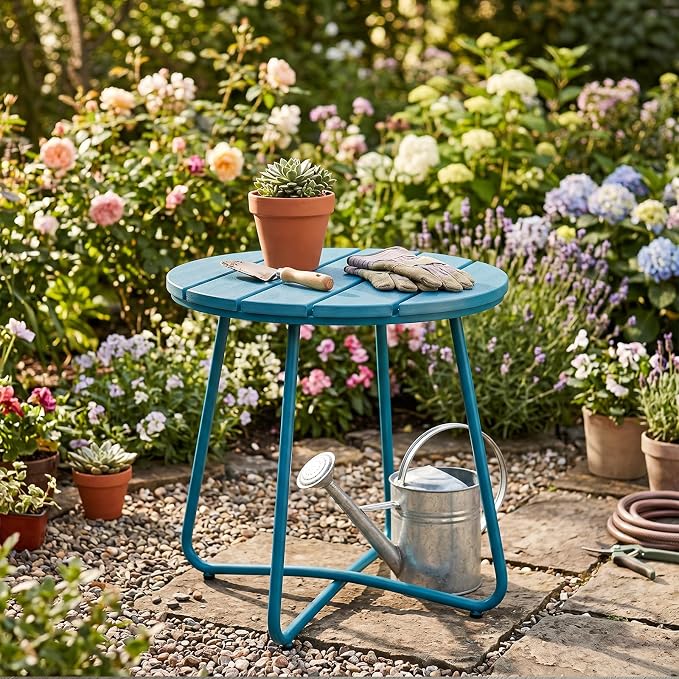 danpinera Outdoor Side Tables, HDPS Patio Table with Metal Legs, 18 Inch Outdoor Small Round Table for Garden, Backyard, Porch, Deck, Balcony, Poolside, Navy Blue