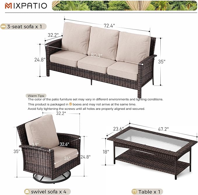 6-Piece Wicker Patio Furniture Set with Swivel Chairs, High Back Outdoor Sofa with 5.5-inch Thick Cushion, All-Weather Wicker Patio Conversation Set for Deck Yard Pool, Beige