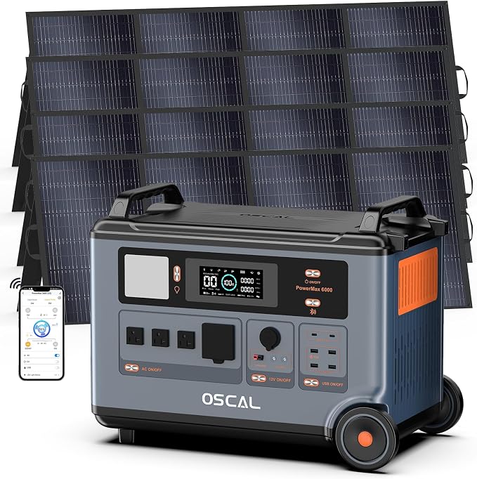 Powermax 6000W(9000W Peak) Portable Solar Power Station, 3600Wh LiFePO4 Battery with 4x400W Solar Panels, 1.6H Fast 2400W Solar Charging Generator for Camping, RV, Home Backup, Emergency